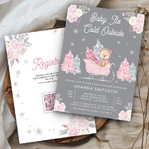 Pink Sleigh Cute Teddy Bear Grey Baby Shower Invitation
