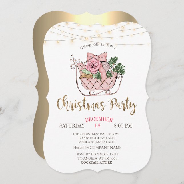Pink Sleigh, Lights Gold Christmas Company Invitation (Front/Back)