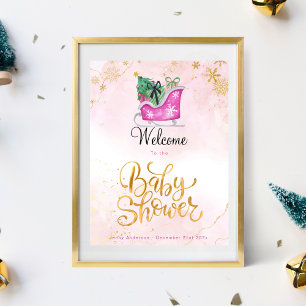 Pink Sleigh Winter Baby Shower Welcome Poster