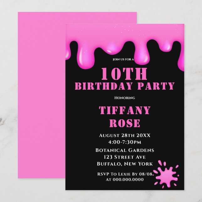 Pink Slime 10th Birthday Party Invitations  (Front/Back)