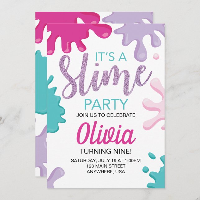 Pink Slime glitter birthday party Invitation (Front/Back)
