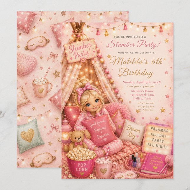 Pink Slumber Party Celebration Invitation (Front/Back)