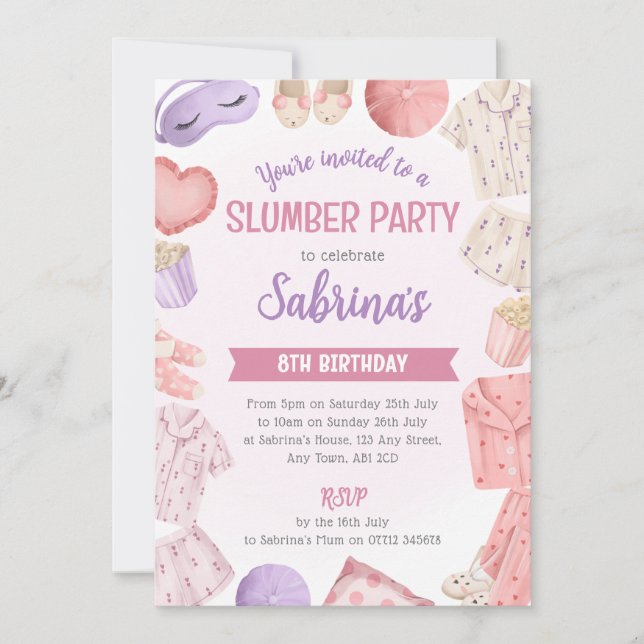 Pink Slumber Party Invitation - Girls Sleepover (Front)