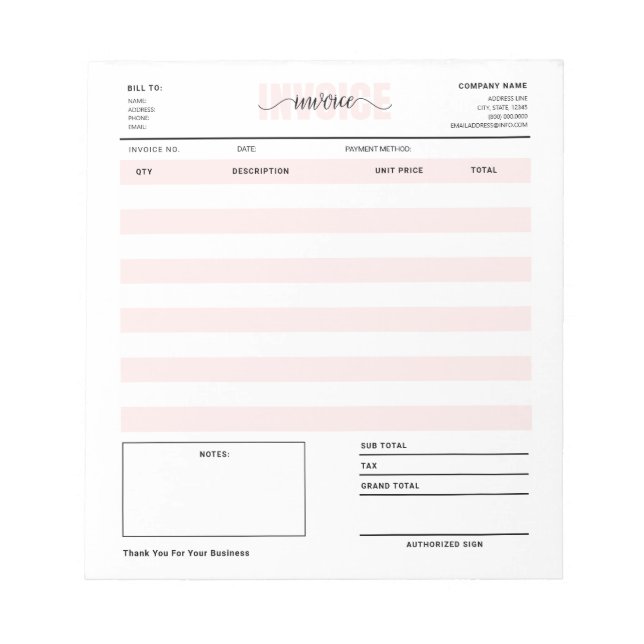 Pink Small Business Invoice Order Sales Receipt Notepad (Front)