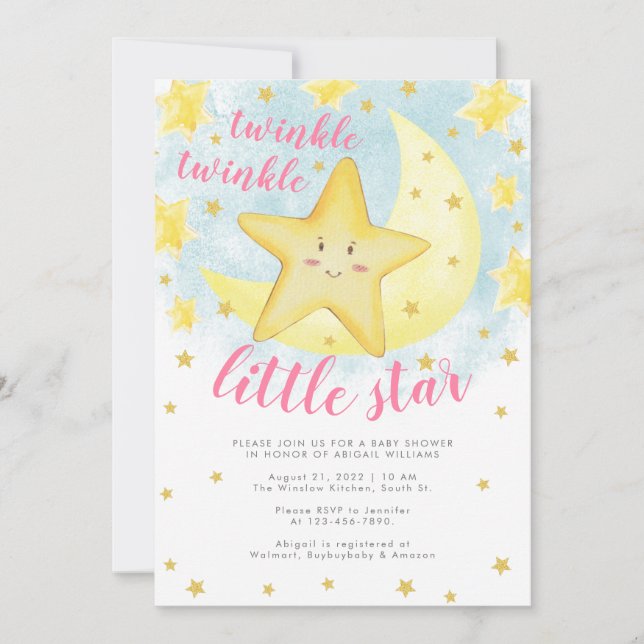 Pink Smiling Gold Twinkle Little Star Baby Shower Invitation (Front)