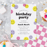 Pink Smiling Happy Face Kids Birthday Party Invitation<br><div class="desc">A fun and bright kids birthday party invitation with yellow,  pink and light purple smiling face icons. The back of the card features a pink and white chequered pattern that suits the retro vibe.</div>
