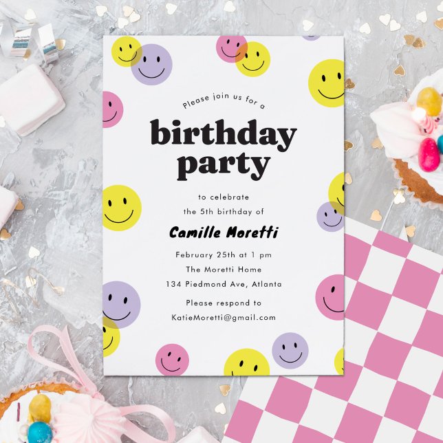 Pink Smiling Happy Face Kids Birthday Party Invitation (Retro smiling, happy faces kids birthday party invitation in pink, yellow and purple.)