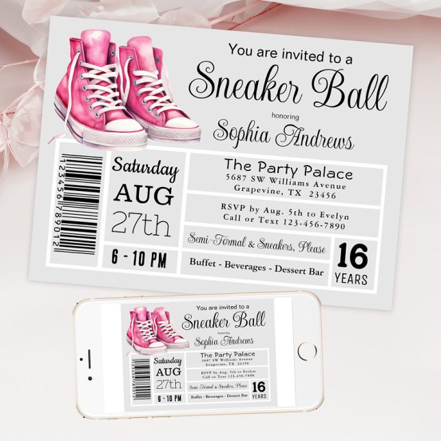 Pink Sneaker Ball Birthday Party Shoe Label Invitation (Pink gray sneaker ball shoe box label style. Available for instant download and print.)