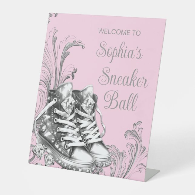 Pink Sneaker Ball Welcome Table Pedestal Sign (Front)