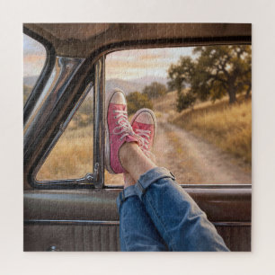 Pink Sneakers in Retro Car Window Jigsaw Puzzle
