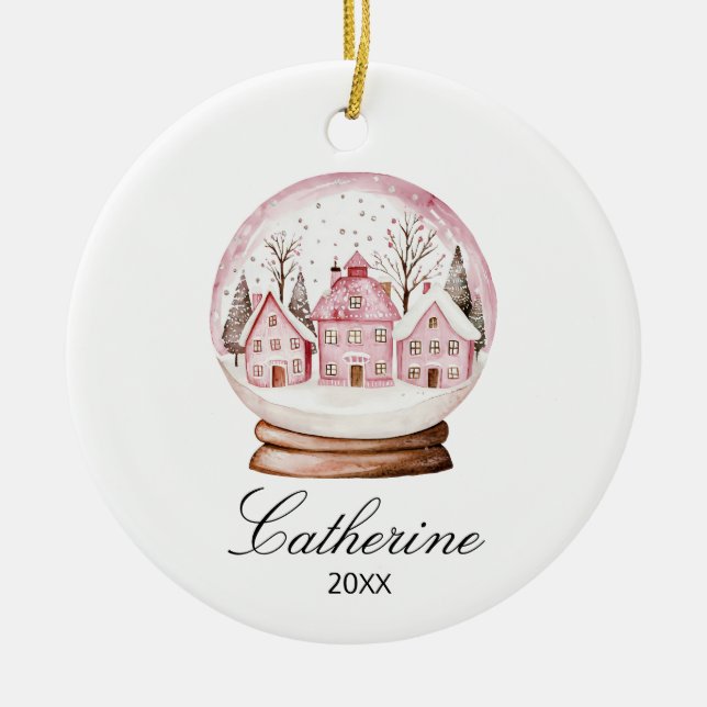Pink Snow Globe Christmas Cozy Town Custom Name Ceramic Tree Decoration (Front)