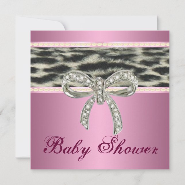 Pink Snow Leopard Diamond Bow Baby Shower Invite (Front)
