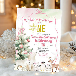 Pink Snow Much Fun to be One Girl 1st Birthday Invitation