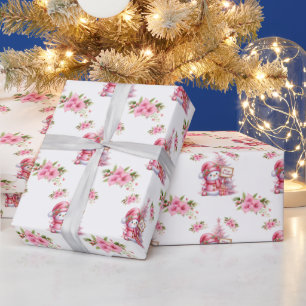 Pink Snowbaby and Pink Flowers Wrapping Paper