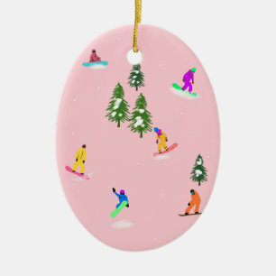 Pink Snowboarders Snowboarding Illustration    Ceramic Tree Decoration
