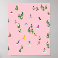 Pink Snowboarders Snowboarding Illustration    