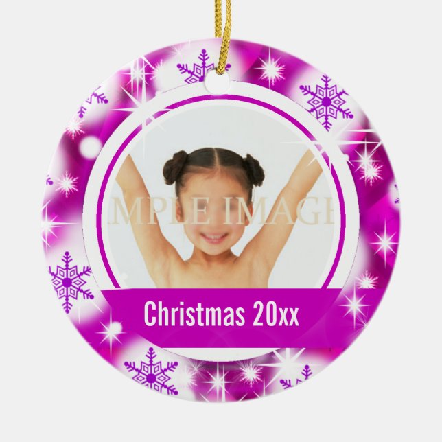 Pink snowflake 2 photo personalise ceramic tree decoration (Front)