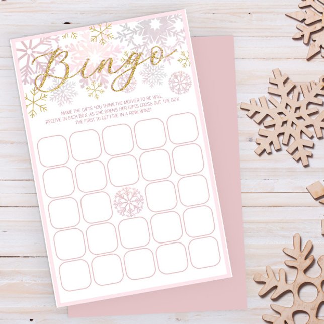 Pink Snowflake Baby Shower Bingo Game (Blush Pink Winter Baby Shower Fun Game)