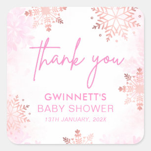Pink Snowflake Baby Shower Square Sticker