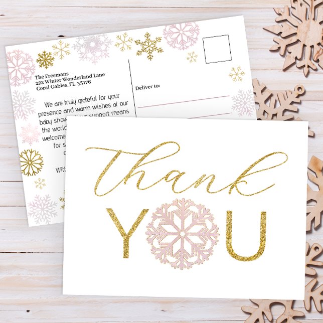 Pink Snowflake Baby Shower Thank You Postcard (Pink & Gold Winter Wonderland Baby Shower Thank You Postcard)
