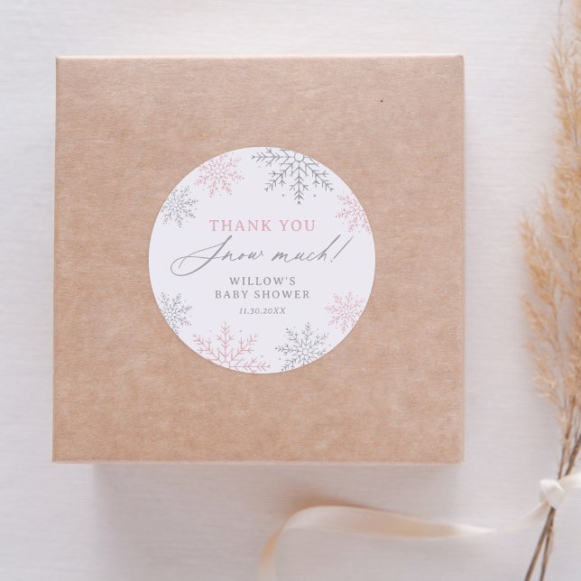 Pink Snowflake Baby Shower Thank You Snow Much Classic Round Sticker (Creator Uploaded)