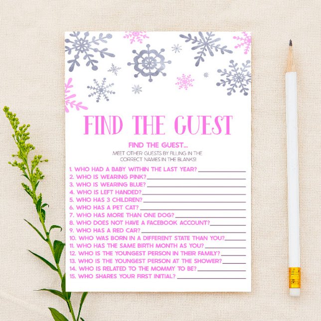 Pink Snowflake Find The Guest Baby Shower Game Stationery (Creator Uploaded)