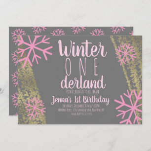 Pink Snowflake Foil Script First Birthday Invitation