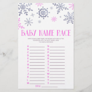 Pink Snowflake Name Race Baby Shower Game Activity Stationery