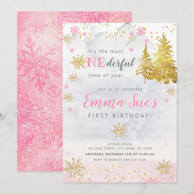 Pink Snowflake ONEderful Time of Year Birthday Invitation (Front/Back)