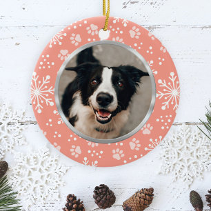 Pink Snowflake Paw Pattern Pet Photo Ceramic Tree Decoration