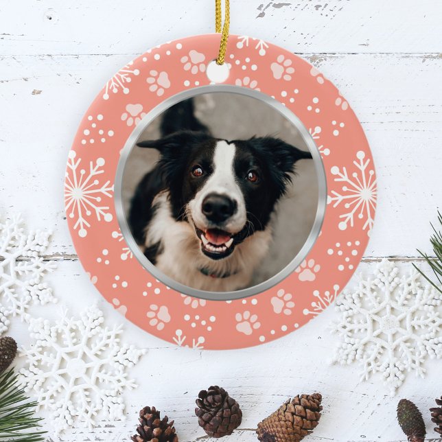 Pink Snowflake Paw Pattern Pet Photo Ceramic Tree Decoration (Creator Uploaded)