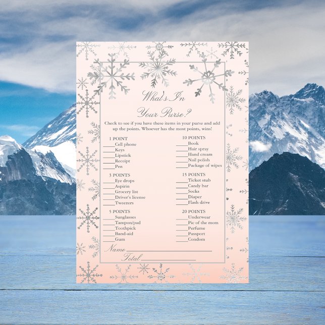 Pink Snowflake What's In Your Purse Shower Game Invitation (Creator Uploaded)