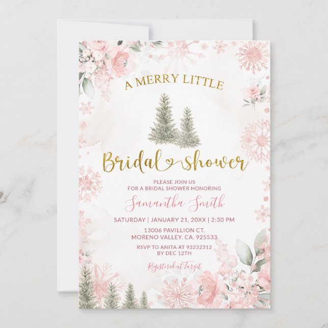 Pink Snowflake Winter A Merry Little Bridal Shower Invitation (Front)