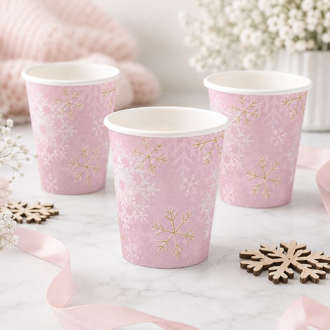 Pink Snowflake Winter Baby Shower Paper Cups (Pastel Snowflake Party Cups)