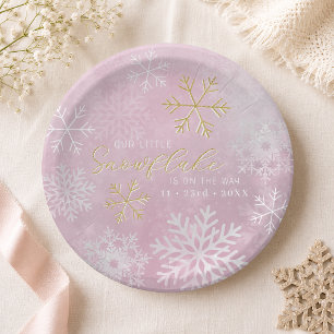 Pink Snowflake Winter Baby Shower Paper Plates