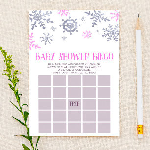 Pink Snowflake Winter Bingo Baby Shower Game Stationery