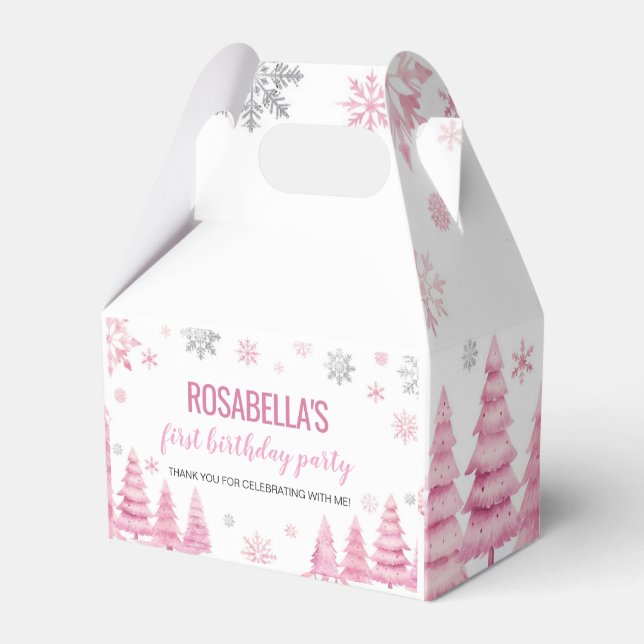 Pink Snowflake Winter Birthday Party Favour Box (Front Side)