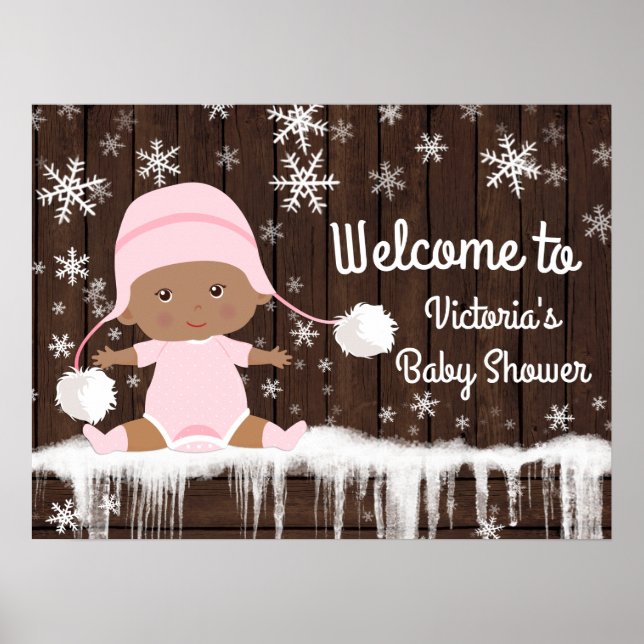 Pink Snowflake Winter Girl Baby Shower Sign (Front)