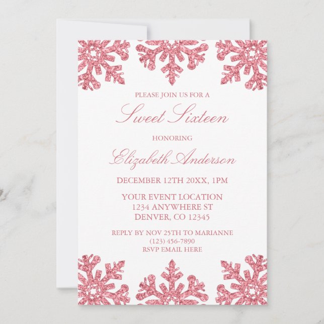 Pink Snowflake Winter Sweet 16 Invitation (Front)