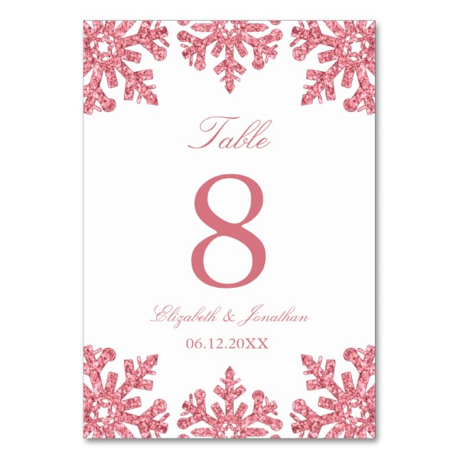 Pink Snowflake Winter Wedding Table Number (Front)