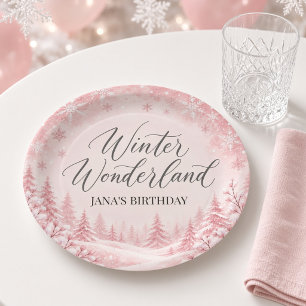 Pink Snowflake Winter Wonderland Birthday Paper Plate