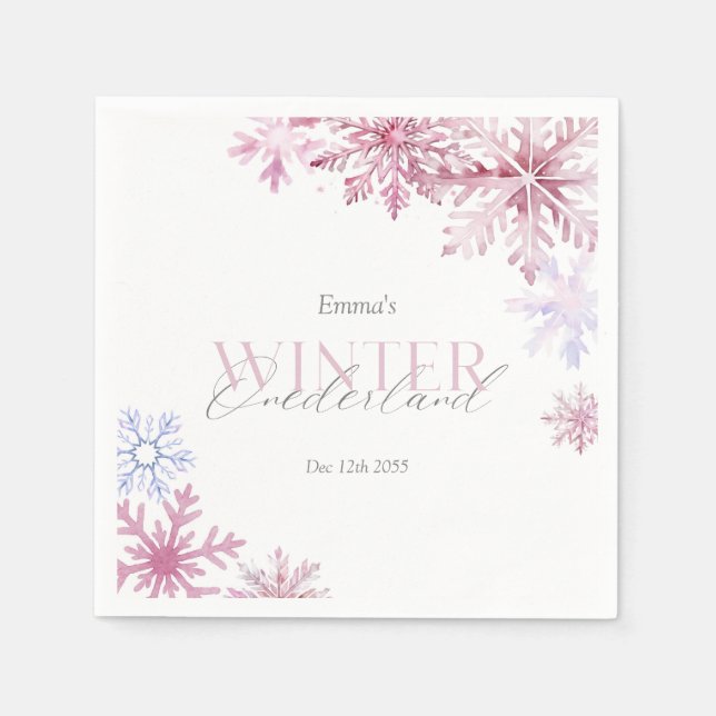 Pink Snowflake Winter Wonderland First Birthday  Napkin (Front)