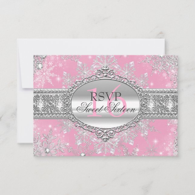 Pink Snowflake Winter Wonderland Sweet 16 RSVP (Front)