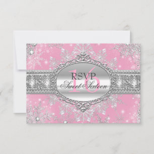 Pink Snowflake Winter Wonderland Sweet 16 RSVP