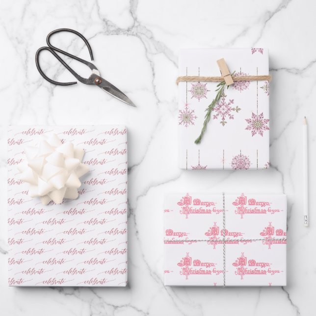Pink Snowflakes and Holiday Script on White Wrapping Paper Sheet (Front)