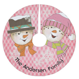 Pink Snowflakes and Snowmen Holiday Tree Skirt