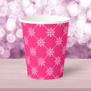 Pink Snowflakes Diagonal Square Pattern Paper Cups