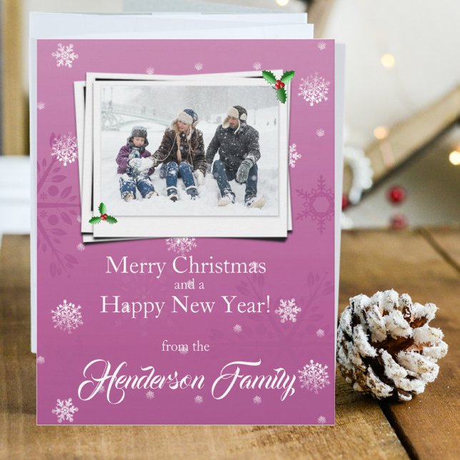 Pink Snowflakes Flat Holiday Photo Card (Pink Snowflakes Holiday Photo Card)