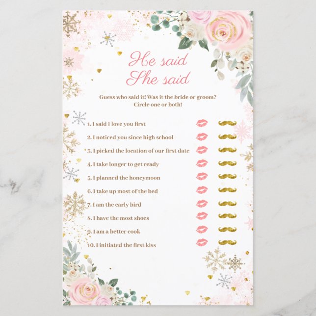 Pink Snowflakes Floral He said She said Games Card (Front)