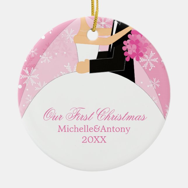 Pink Snowflakes "Our First Christmas" Ceramic Tree Decoration (Front)